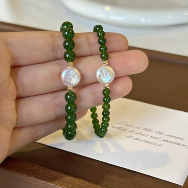 Natural Freshwater Freshwater Pearls & Green Agate Chalcedony Bracelet - Round Button Beads Chinese-Inspired Jewelry Gift