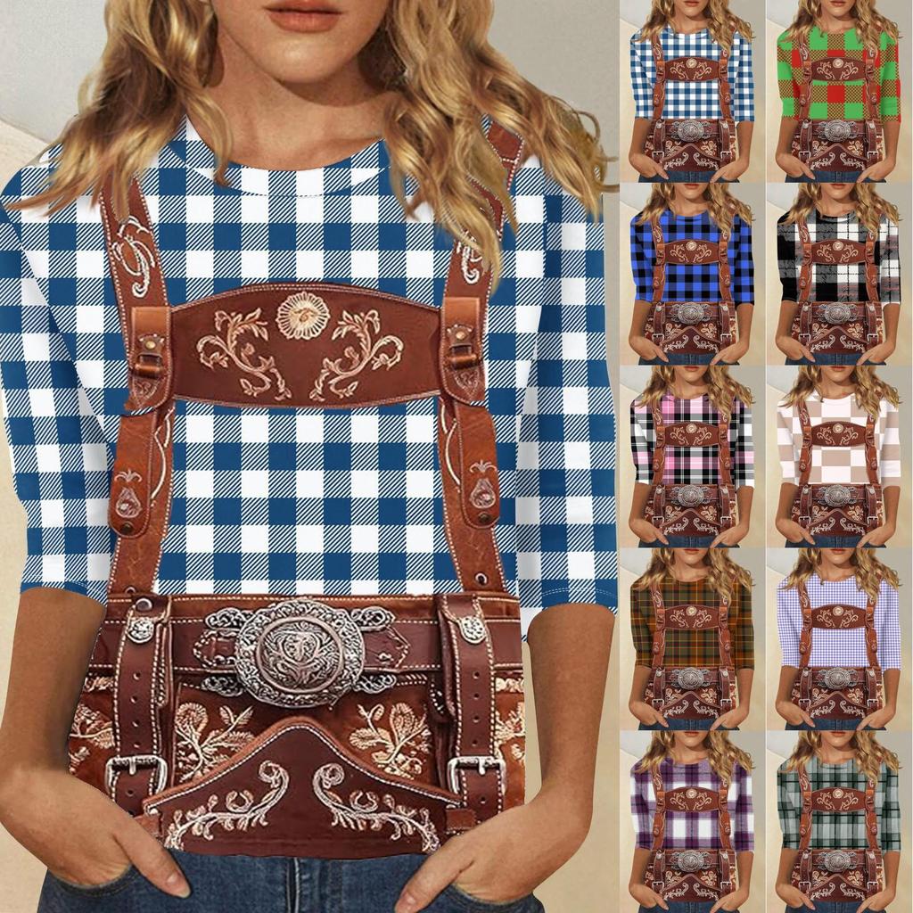 Women Casual Three Quarter Sleeve Oktoberfest Print Round Neck Top Faux Leather Suspenders Pattern Shirt Oktoberfest Style Blouse