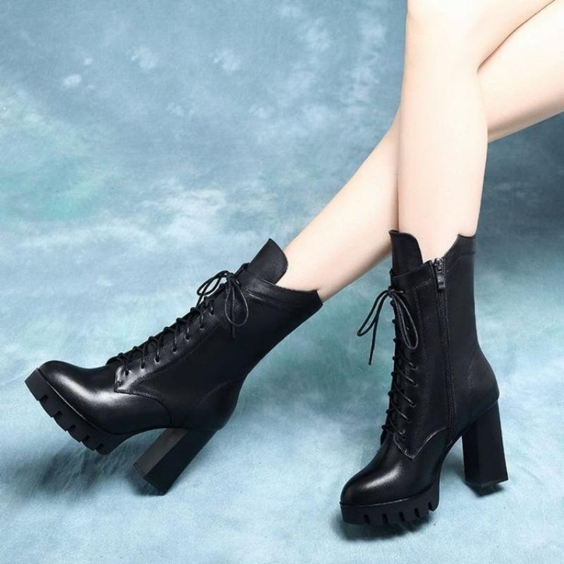 Autumn and Winter New High-heeled Medium Boots Martin Boots Women's Leather Boots Thick Heel Velvet Warm Women's Cotton Shoes Short Boots Women'