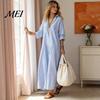 Casual Striped Dress Women Long Sleeve Dress, V-Neck Collar Maxi Shirt Retro for Summer Autumn, Breathable Loose Fit Soft Beach