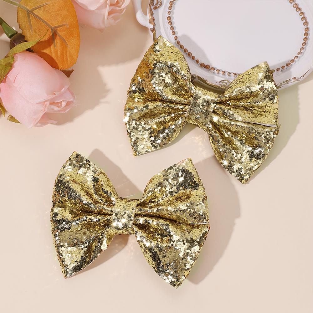 2Pcs Sparkling Bow Hair Clips Gold Glitter Solid Hairpins Sweet Sequin Barrette For Girls Kids Headwear Hair Accessories