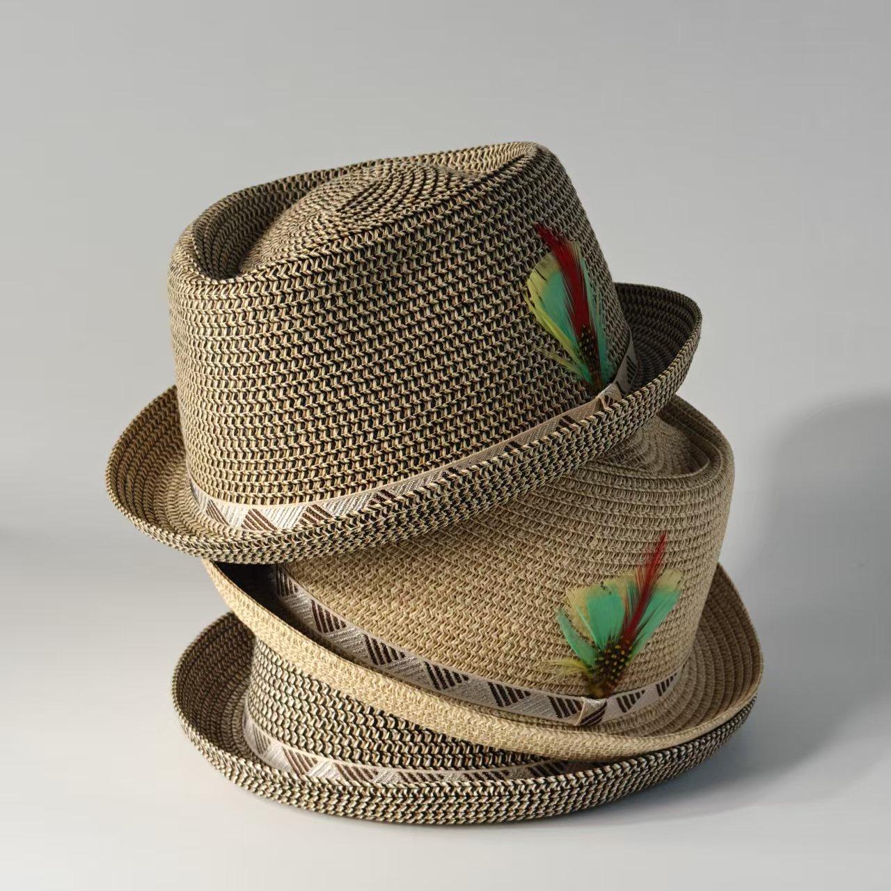 Freedom Outdoors Men's Vintage British Trilby Straw Hat Summer Breathable Jazz Fedora Beach Sun Caps Panama Cuban Travel Cap With Feather Chapeau Cm