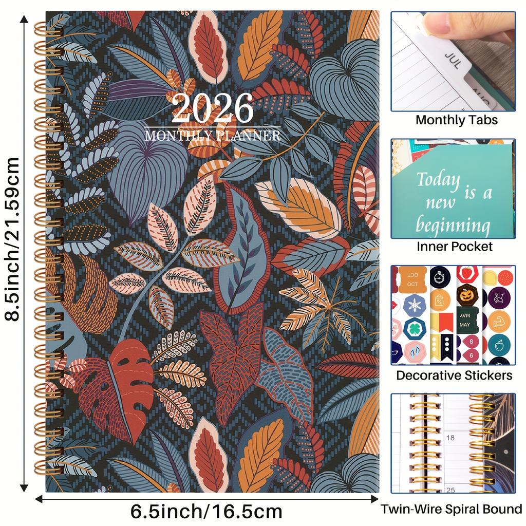 2026 Notebook - Weekly and Monthly Calendar Organizer with Stickers, Flower Design - Suitable for Home, Office, School