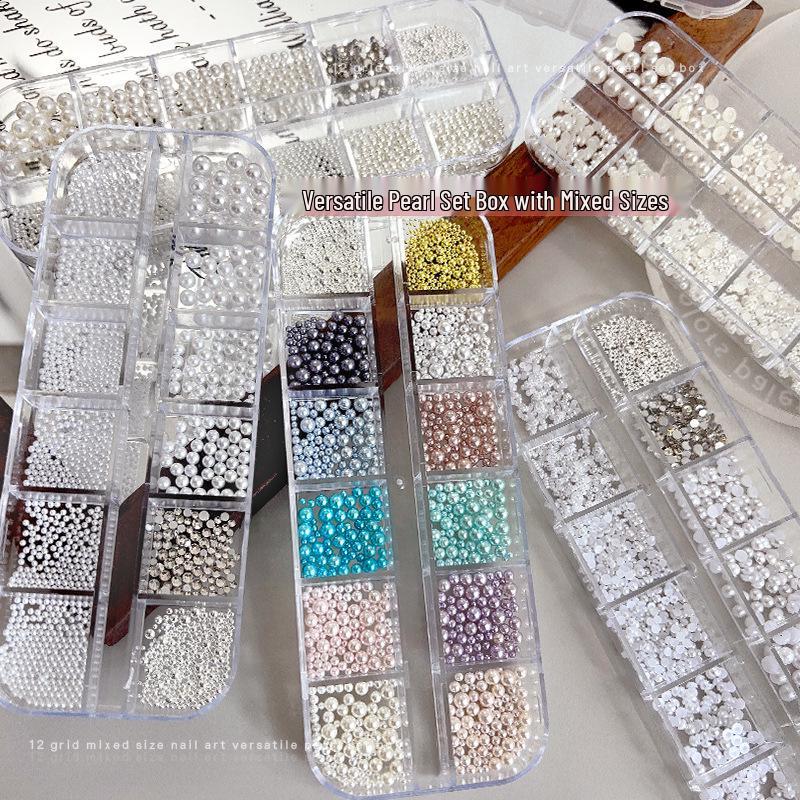 12 Grids Colorful Pearl Nail Art Decorations: Mixed Size White Pearls, Full & Half Round