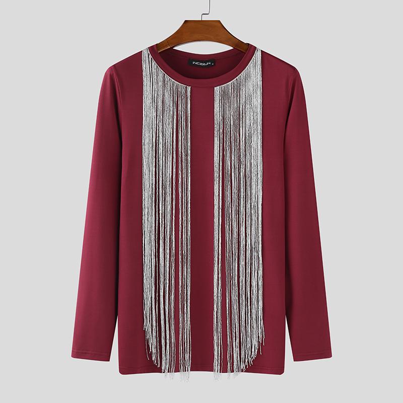 INCERUN Men Long Sleeve Glitter Tassel Patchwork Casual Fitted T-shirts Tops