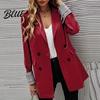 Suit Jacket Women Coat Lapel Long Sleeve Striped Cuffs with Double Breasted Business Outwear Flap Pockets Solid Color Loose Fit
