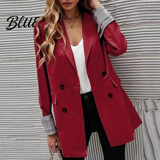 Suit Jacket Women Coat Lapel Long Sleeve Striped Cuffs with Double Breasted Business Outwear Flap Pockets Solid Color Loose Fit