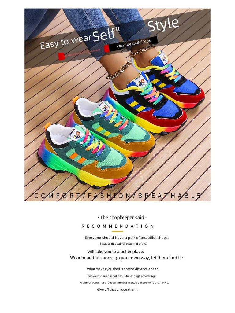 Podzimní dámské barevně blokované tenisky pro tátu se silnou podrážkou: Lehké, s měkkou podrážkou, zvyšující výšku a dostupné ve velkých velikostech.