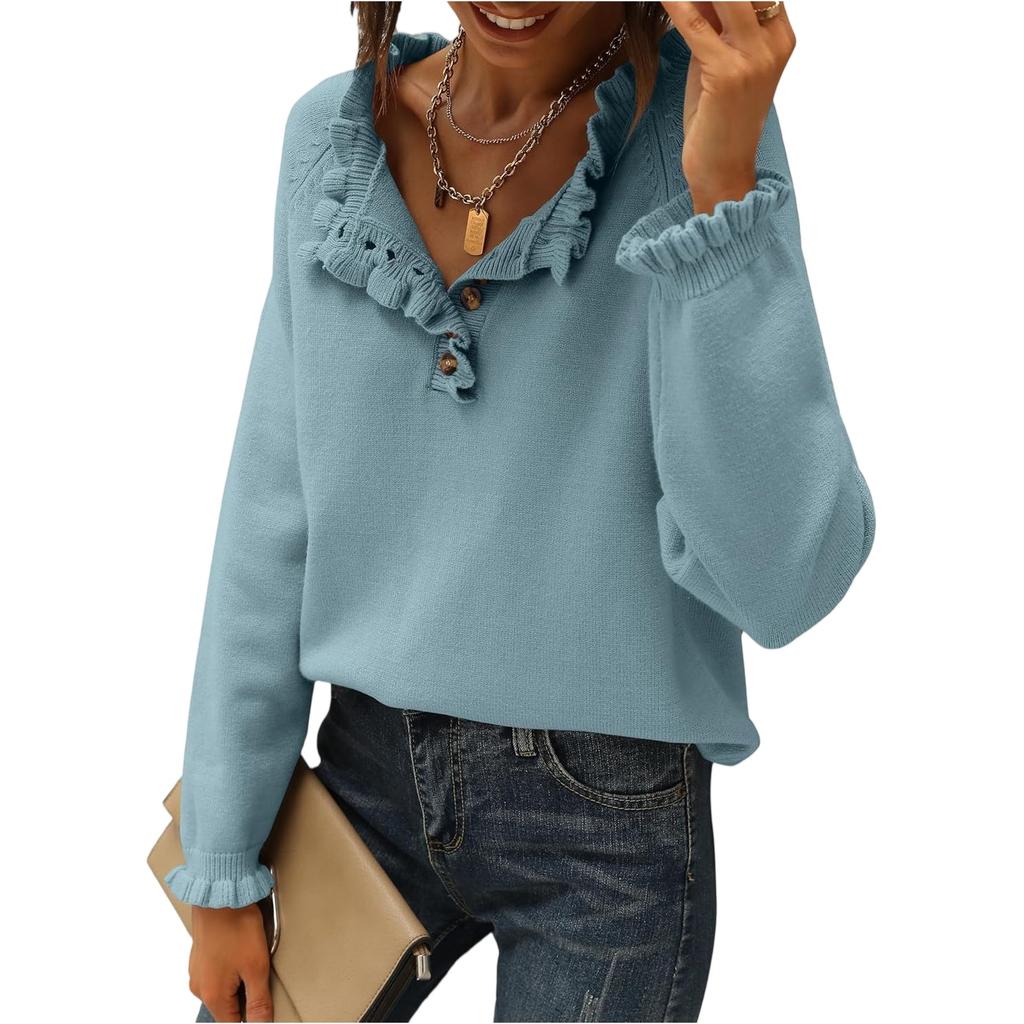 Damenmode Strick Casual Langarm Knopfleiste Rüschen Pullover