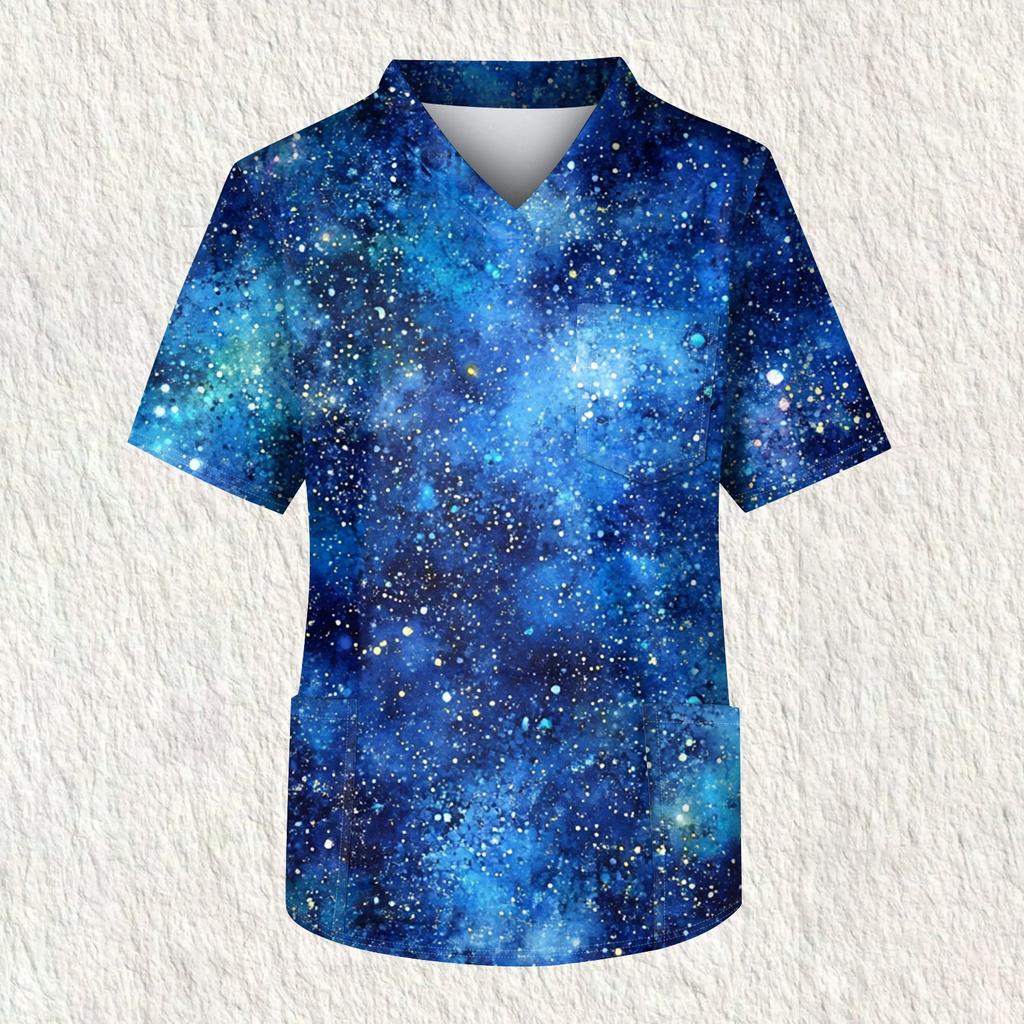 Men's Printing Short Sleeve V-neck Working Blouse Chest Pocket Carer Top