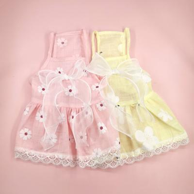 Dog Cat Dress Big Flower Print Hem Lace Dress-up Breathable Sleeveless Pleated Princess Style Sling Dress Pet Clothes