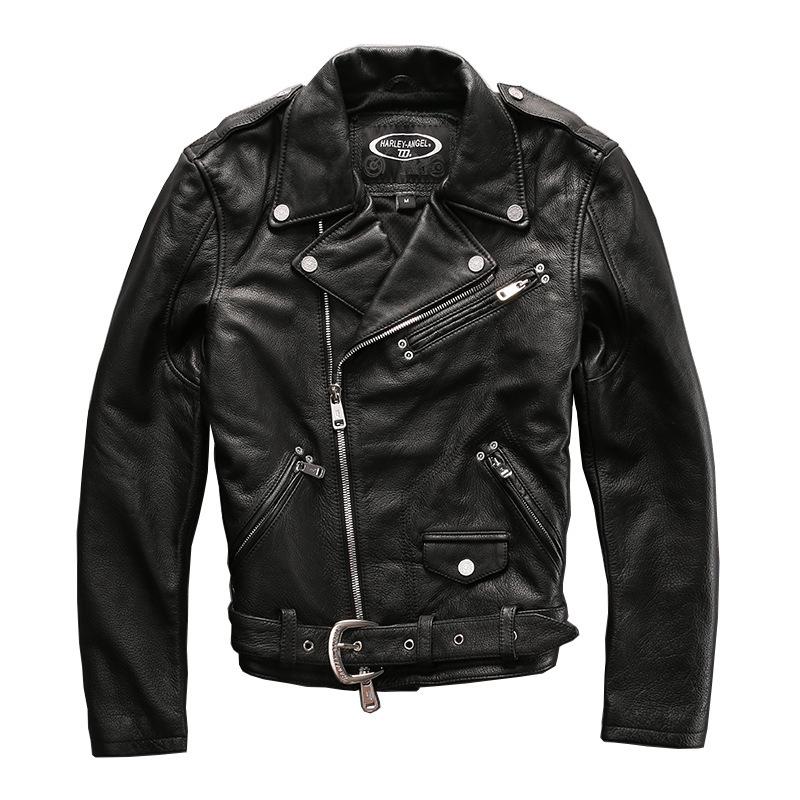 HARLEYANGEL spring and autumn locomotive leather jacket men, lapel oblique zipper leather rope waist top layer cowhide leather jacket