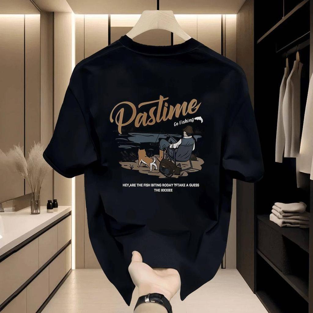 Cotton Short-Sleeved T-Shirt Men'S American Retro Half-Sleeved Student Top Boys Crew Neck Pattern Print Japanese