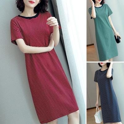 Kadın Günlük Çizgili Orta Boy Elbise Kısa Kollu Bol Yuvarlak Yaka Yazlık Hafif Rahat Ofis Plaj Parti Elbisesi