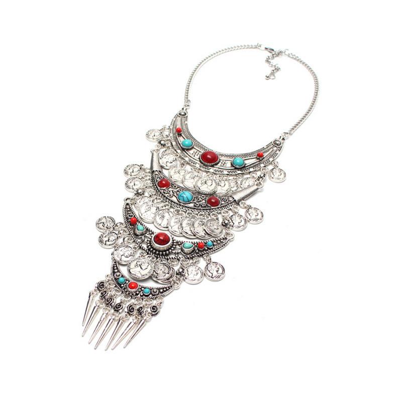 Vintage Coin Tassel Pendant Necklace With Multilayer Chain For Boho Style Women