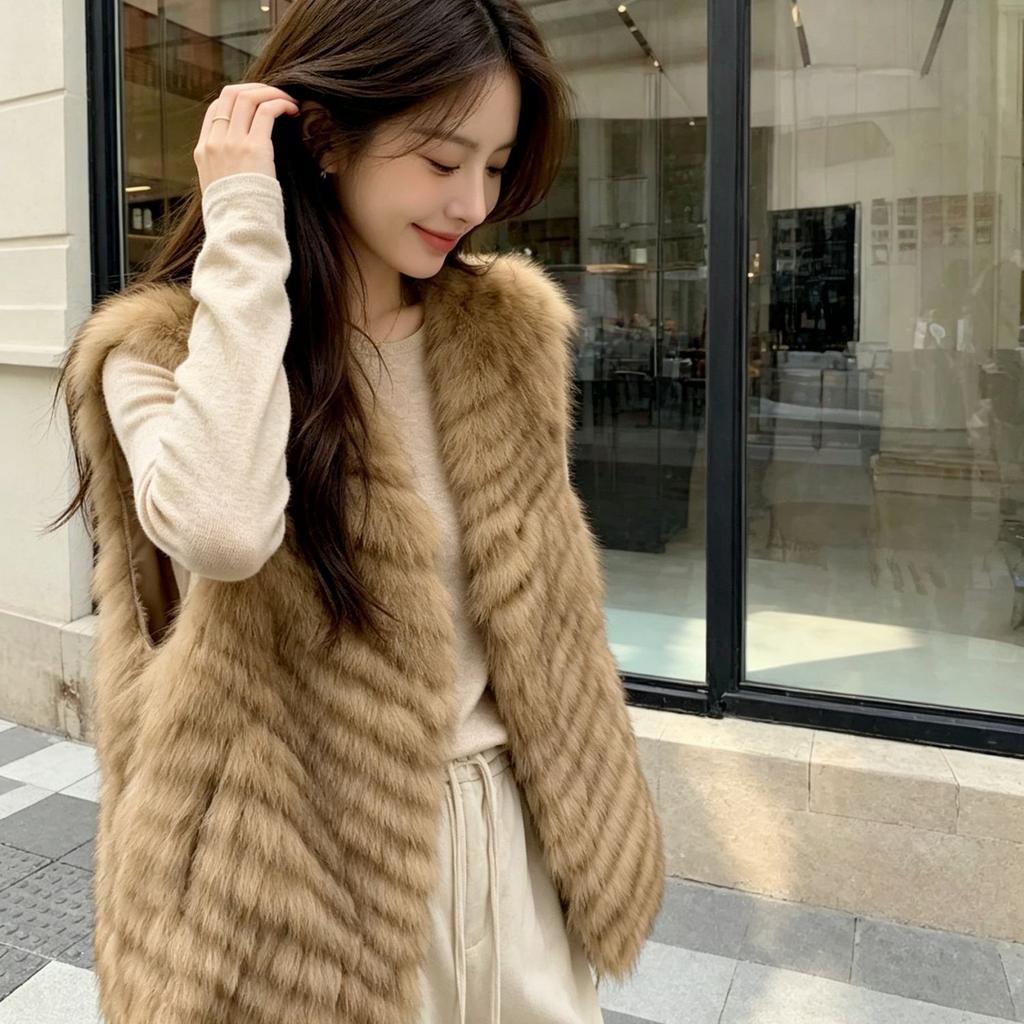 [Exquisite Daughter] Fox Fur V-neck New Fur Vest Women's Short Car Strip Mao Mao Jacket Autumn and Winter