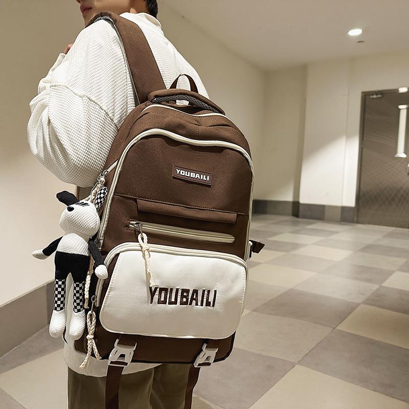 Women Contrast Color Stitching Backpack High School Students Schoolbag Men Large Capacity Backpack