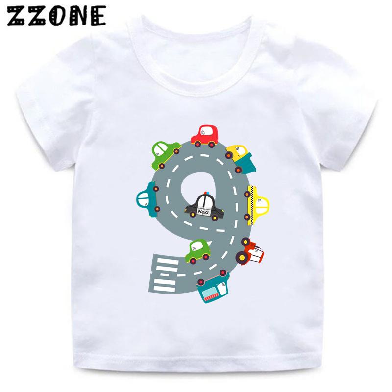 Hot Sale Different Car Print Funny Boys Clothes 1 2 3 4 5 6 7 8 9 Years Birthday Number Cartoon Kids T shirt Baby Girls TShirts