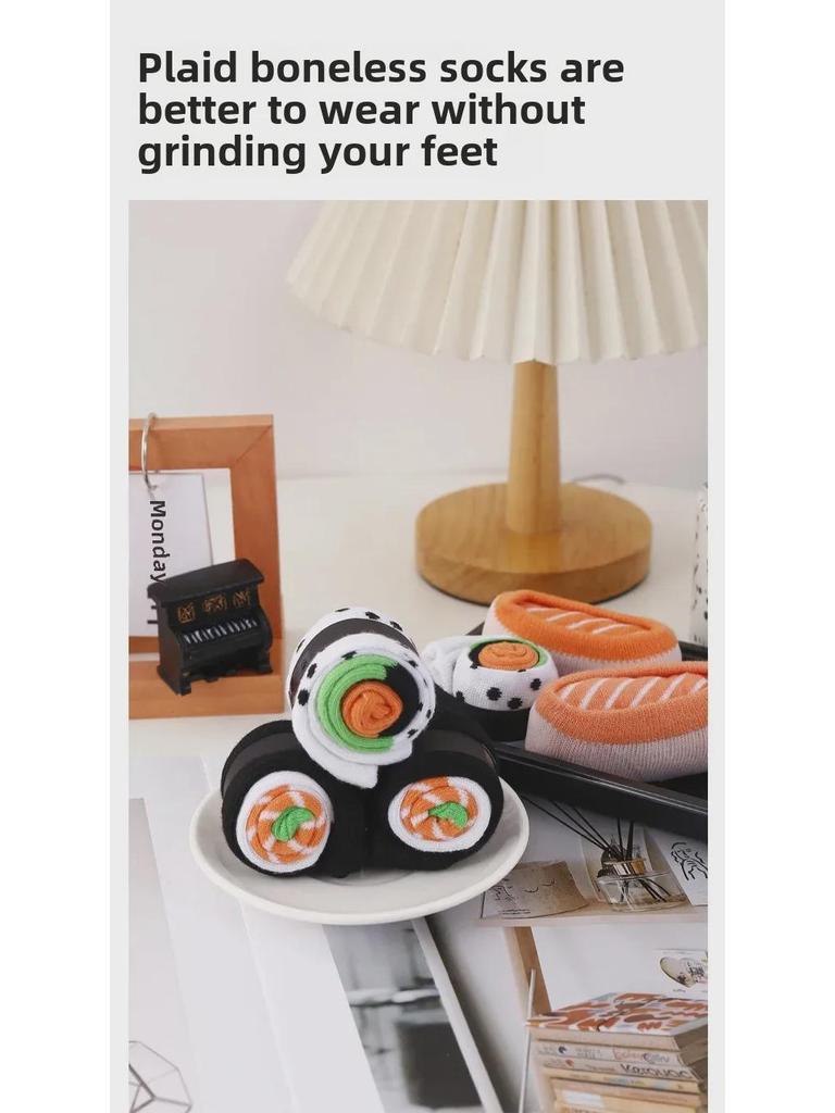 Women's Autumn & Winter Sushi Socks: Pure Cotton, Long, Sweat-Absorbent, Deodorant. Includes Salmon Gift Box. Hot-Selling Design.