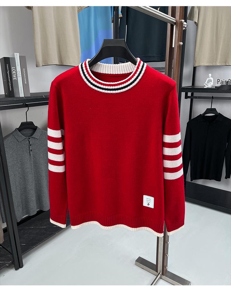 European Style Men's Striped Slim Fit Round Neck Sweater - Trendy Brand Knitwear, Long Sleeve Casual Base Layer Shirt