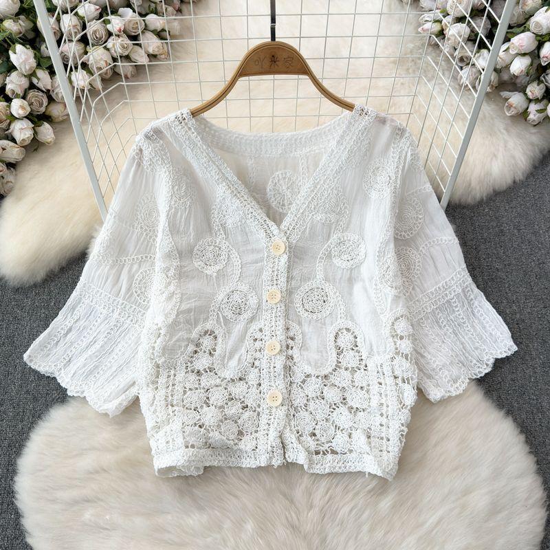 

Western Style V-neck Easiest for Match Cardigan Short Sleeve Tops Crochet White All yards