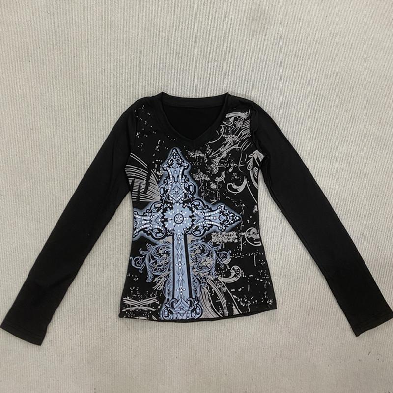 Y2K Gothic schwarzes bedrucktes Damen Retro Frühling V-Ausschnitt langärmeliges tailliertes Oberteil