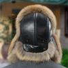 Real Fox Fur Hats Men 's Winter Lei Feng Hat Middle-Aged Elderly Outdoor Thickened Raccoon Fur Cap Warm Sheep Leather Bomber Hat