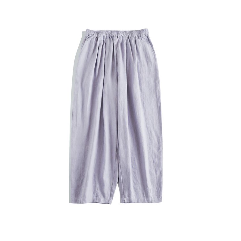 

Loose 9 Points Ankle-Tied Harem Pants 9 Pure Linen Minimalist Artsy Slim Fit Slimming Elastic Waist Drawstring Casual Pants Gray purple One size