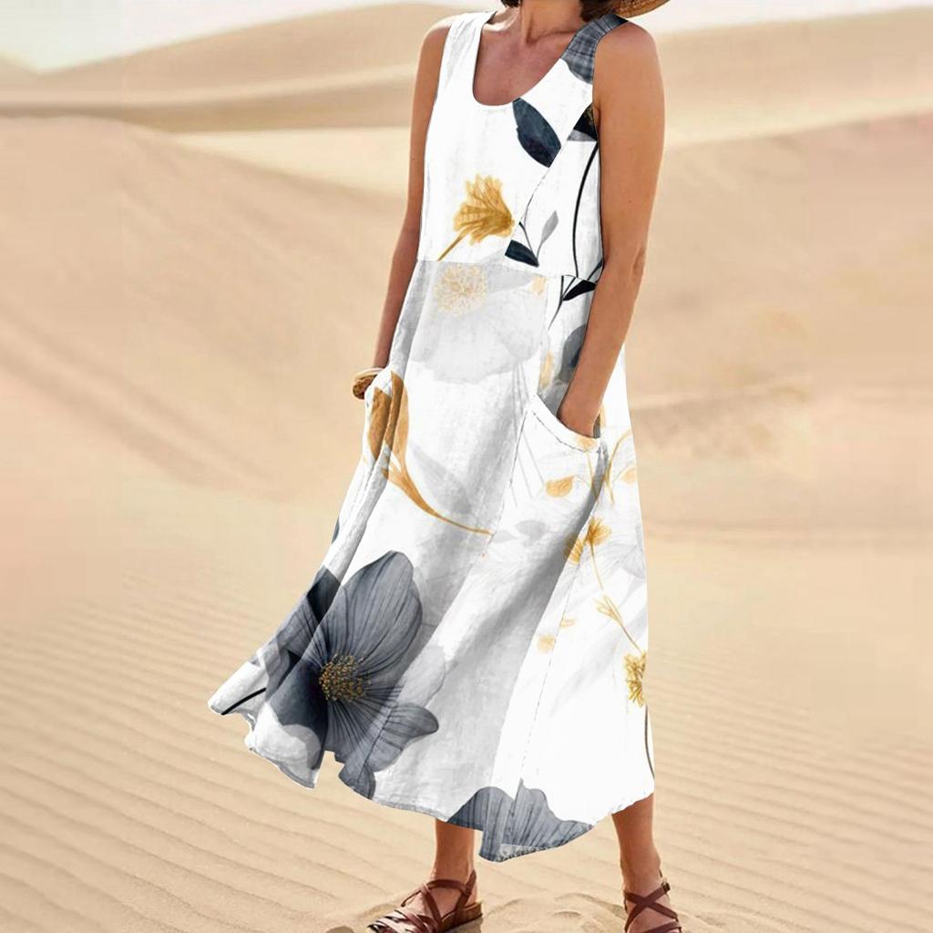 Damenmode, lässig, ärmellos, Baumwolle, Leinen, Blumenmuster, kleine Taschenkleider