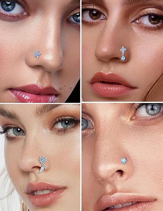 16Pcs 20G Nose Rings Studs Stainless Steel L Shaped Nose Stud CZ Butterfly Star Moon Heart Flower Dangle Piercing Jewelry