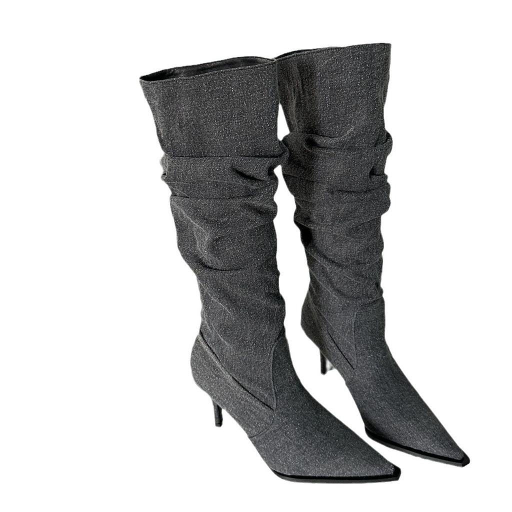 2025 autumn and winter pointed head tall tube wrinkled piled boots fine heel denim high heel but knee boots women