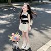 2026 New Girls' Summer Outfit: Stylish Korean Pleated Skirt & Striped Vest Set