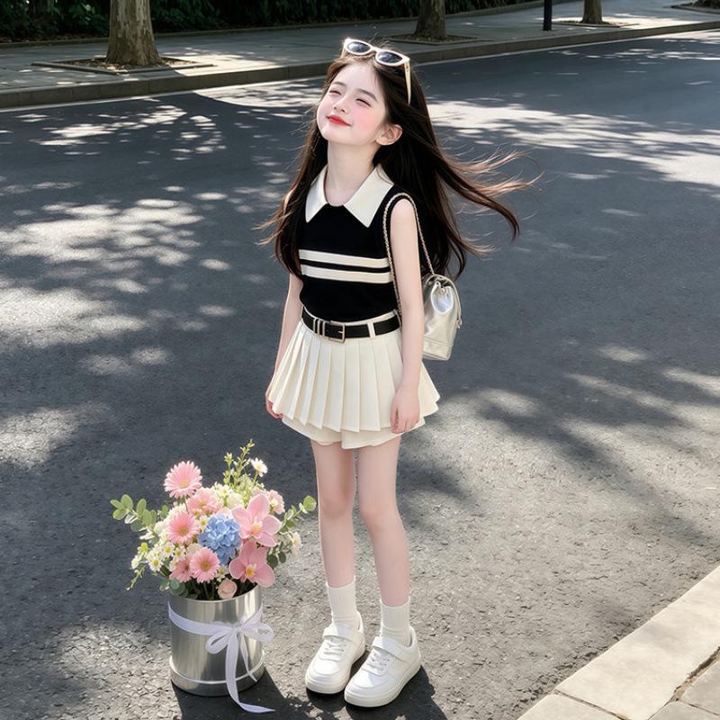 2026 New Girls' Summer Outfit: Stylish Korean Pleated Skirt & Striped Vest Set