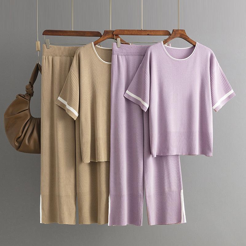 Herbst Winter Faul Wind Lose Hohe Kragen Pulllover Pullover Anzug frauen Einfarbig Kurzarm Stricken Breite Bein Hosen zwei Stück Set