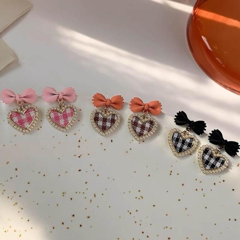 Cute Korean Hanging Love Grid Pearl Heart Earrings for Women Girls Fashion 2024 Bowknot Earrings Trend Party Jewelry