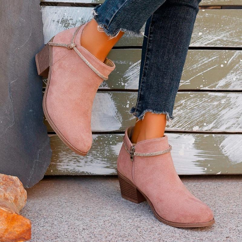 Fashion Women's Chunky Single Boots Autumn New Pointed Head Cattle Suede Side Zipper Rhinestone Anti-slip Wear-resistant Short Boots