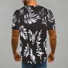Women Short Sleeve Crew Neck T Shirt Black White Silvery Tropical Palm Leaf All Over Print Top