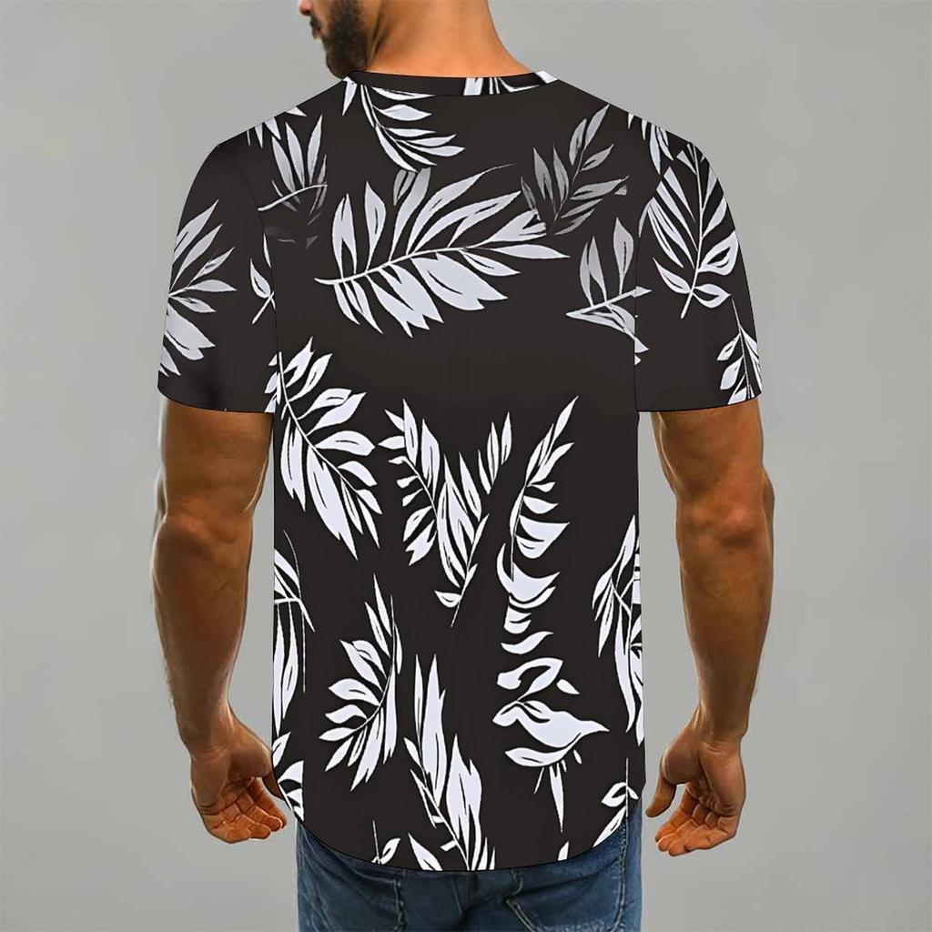 Women Short Sleeve Crew Neck T Shirt Black White Silvery Tropical Palm Leaf All Over Print Top