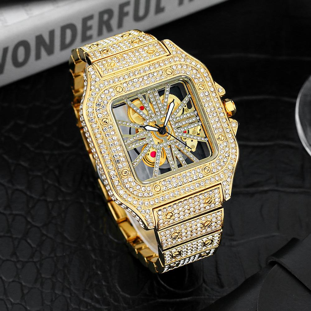 MISSFOX-Fashionable Square Men's Watch Small Niche Design Hollowed Out Hip-hop Full Diamond English Watch