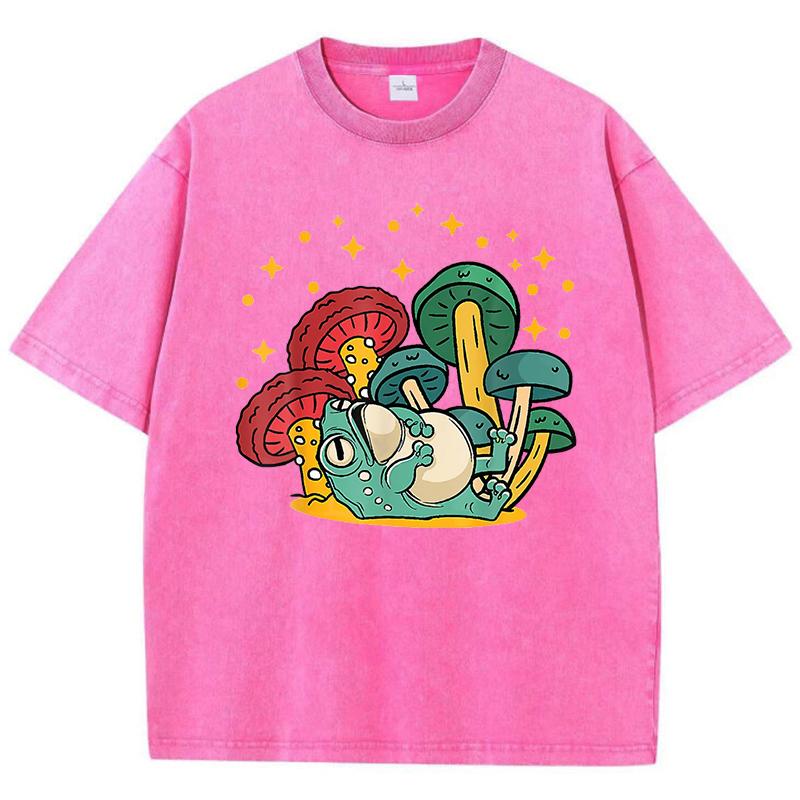 Pilz Cottagecore Ästhetik Frosch Aufdruck Gewaschenes T-Shirt Damen Sommer Locker T-Shirt Street Kurzarm Kleidung