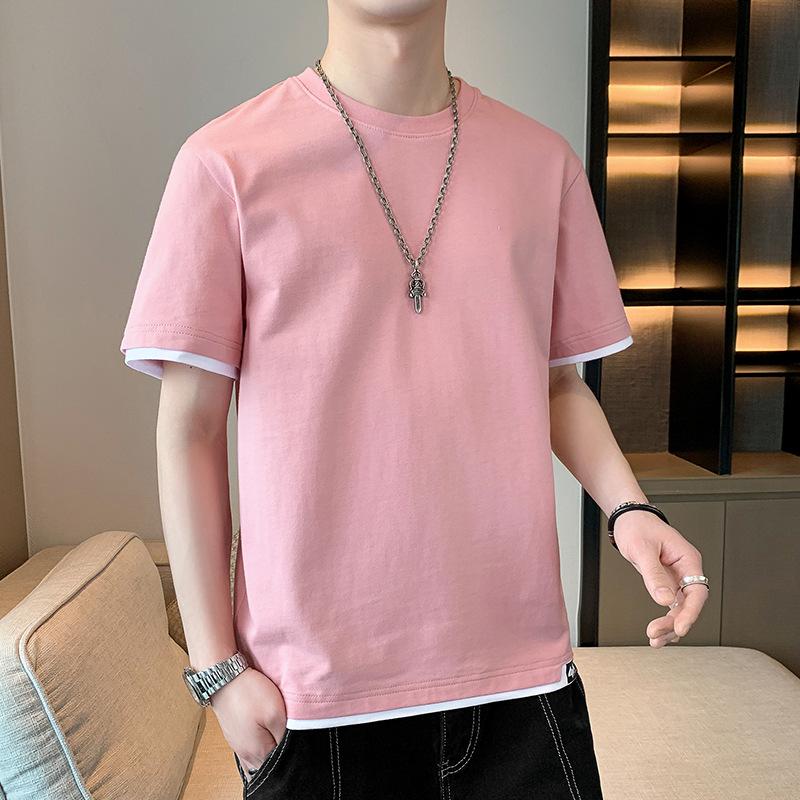 Men Contrast Trim Fake Two Piece Short Sleeve T Shirt Casual Loose Fit Summer Top