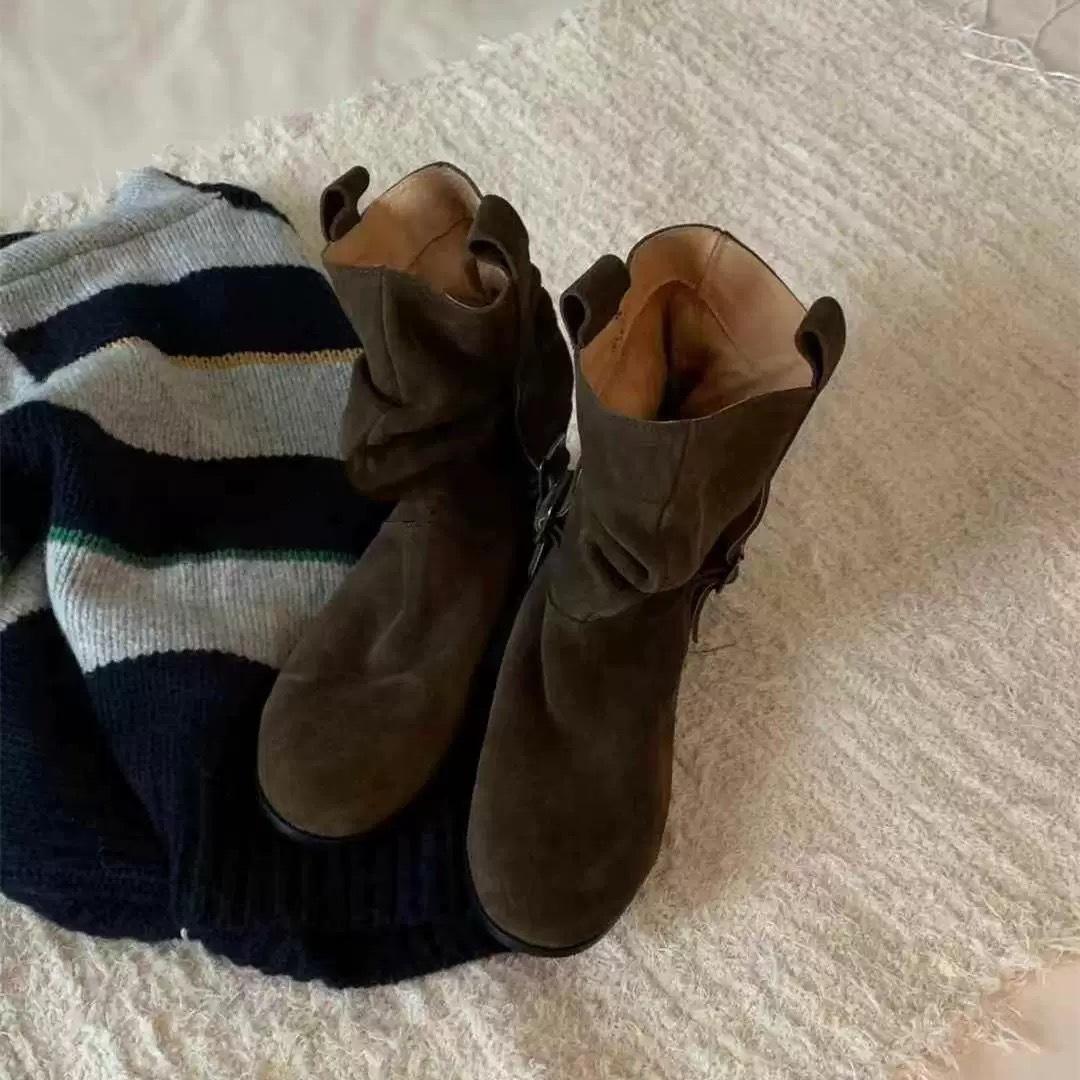 

Версия из овчины~ ретро плиссированные ботинки на ворсе корейская версия нишевые ботильоны Майяра женские ковбойские сапоги в западном стиле сапоги-рыцари 40