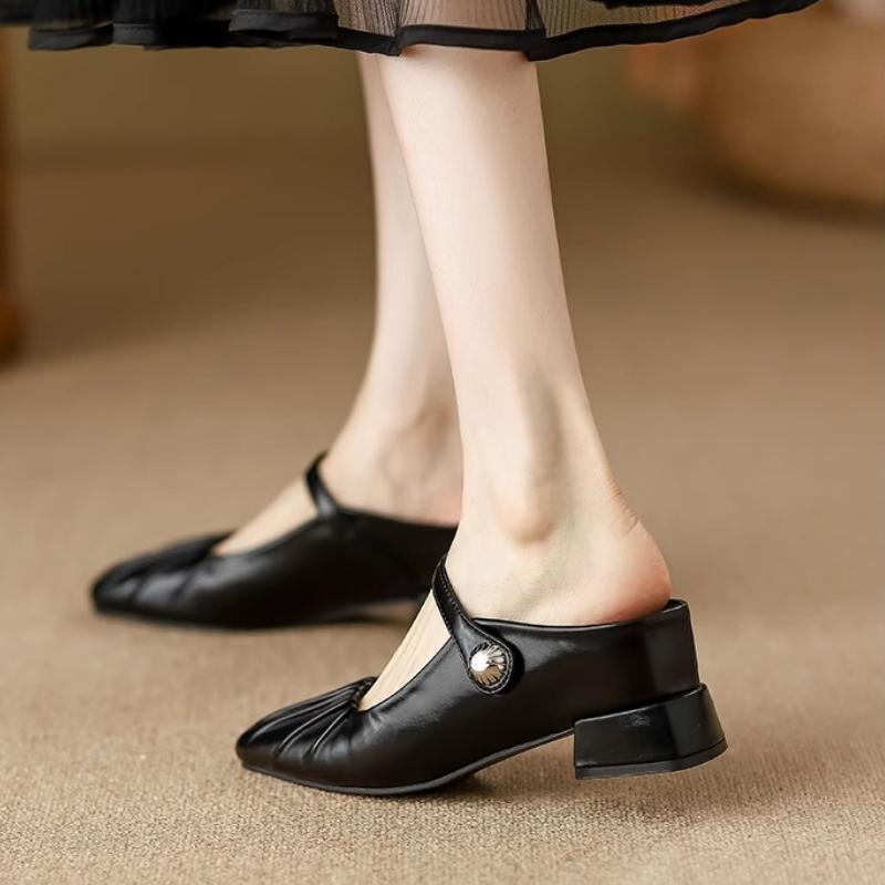 

Мода 2025 Новая женская обувь Квадратный носок Черные кожаные туфли для женщины Высококачественные балетки для женщины Мюли из натуральной кожи 35 чёрный