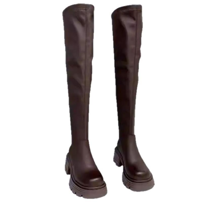 High-heeled Boot Women's Shoes - New Style Round-toe Tall Boots with Thick Heels, Versatile Shoes
