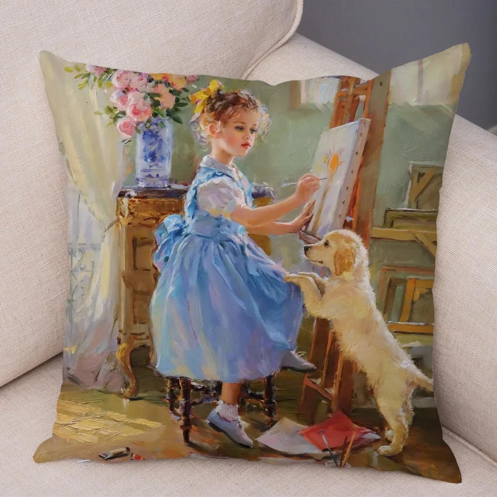 Cute Cartoon Children Cushion Cover Decor Harajuku Oil Painting Lady Pillowcase for Sofa Home Soft Plush Throw Pillow Case