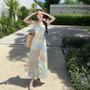 French Romantic Smudged Chiffon Temperament Seaside Vacation Dress Summer Oil Painting Flying Sleeves Slim Fairy Long Dress