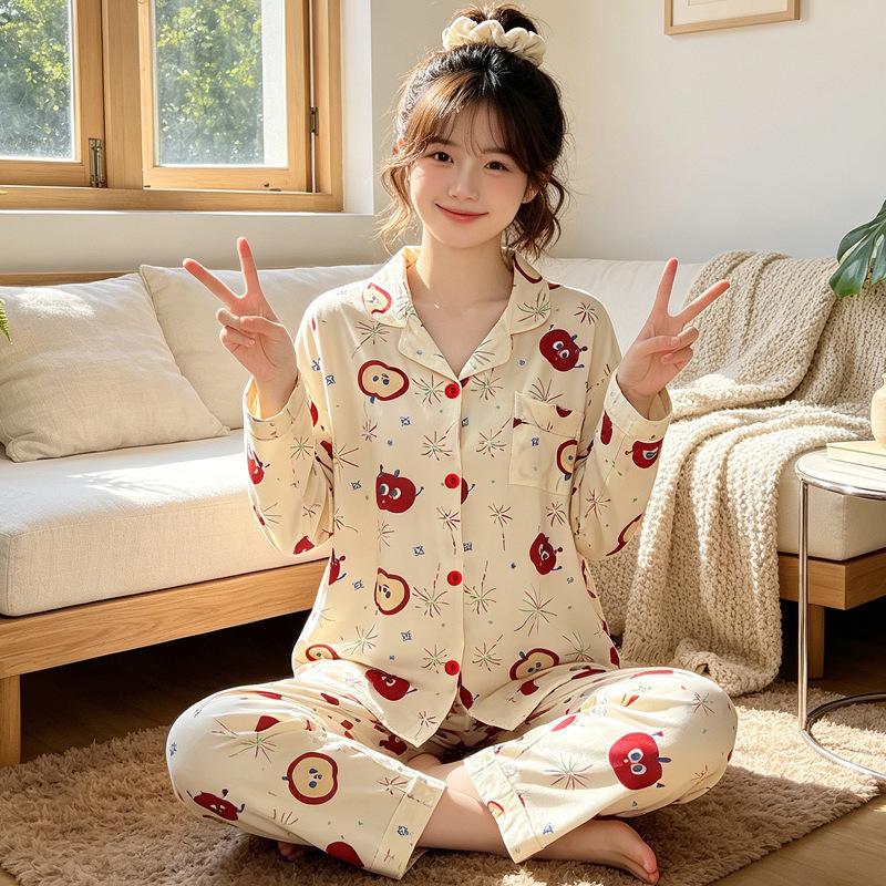 Natal year pajamas women's spring and autumn new imitation cotton long-sleeved red cute cartoon loungewear two-piece set
