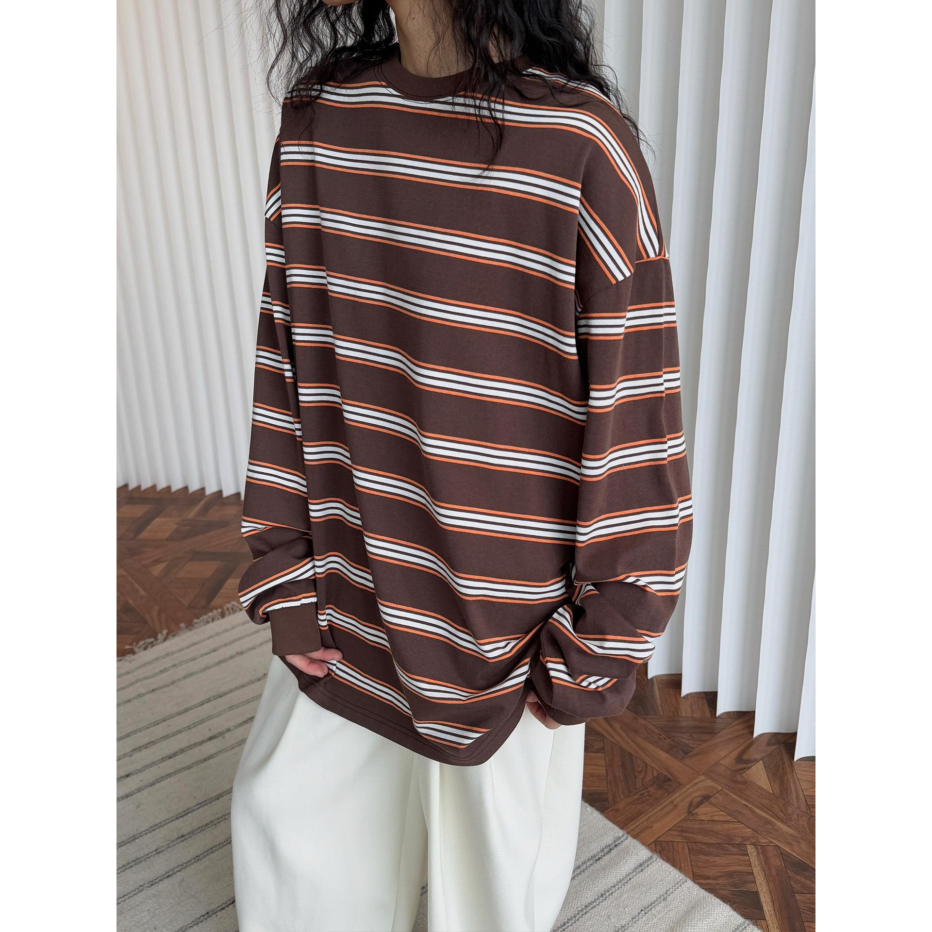 

Louvre Korean Retro Striped Long Sleeve T-Shirt - Women s Casual Spring Top One Size кофейный