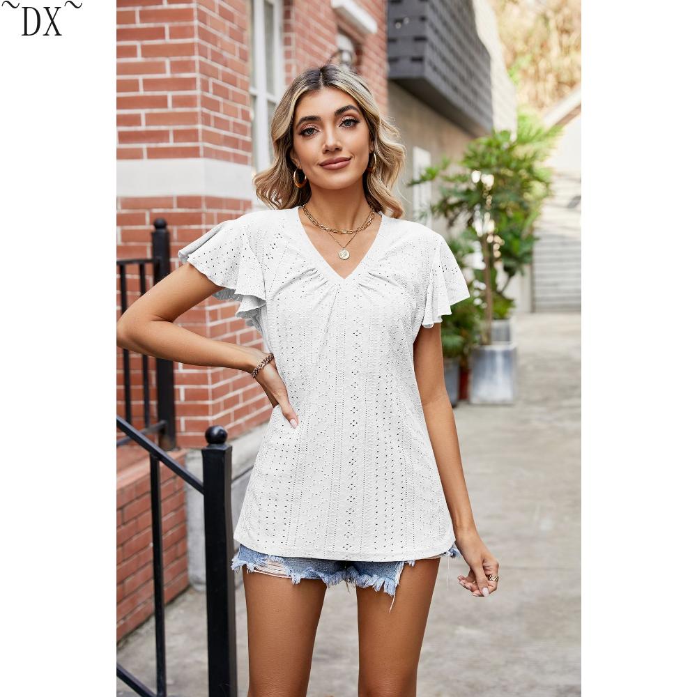 DX~~Summer New Solid Color Double Sleeve V-Neck Loose Short Sleeve T-shirt Top