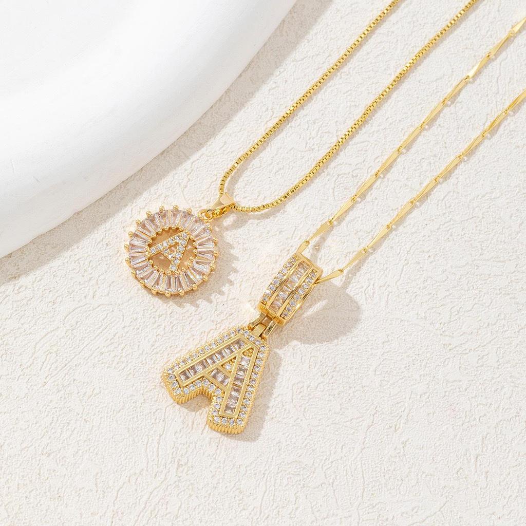 TK Copper Inlaid Zircon Gold-Plated Full Diamond Letter & Flower Necklace Set with Versatile Diamond Pendant